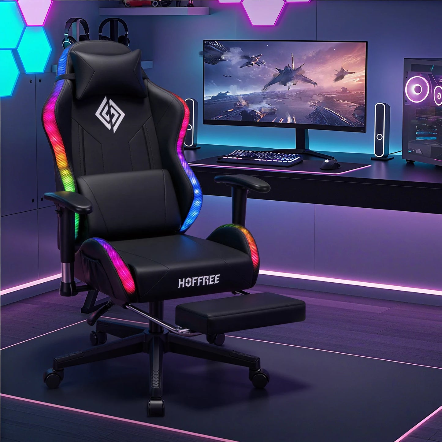 LED Gaming Chair for Children 8-15 Years, Adjustable Gamer Chair with LED Lighting, Footrest & Lumbar Support, Ergonomic PC Chai
