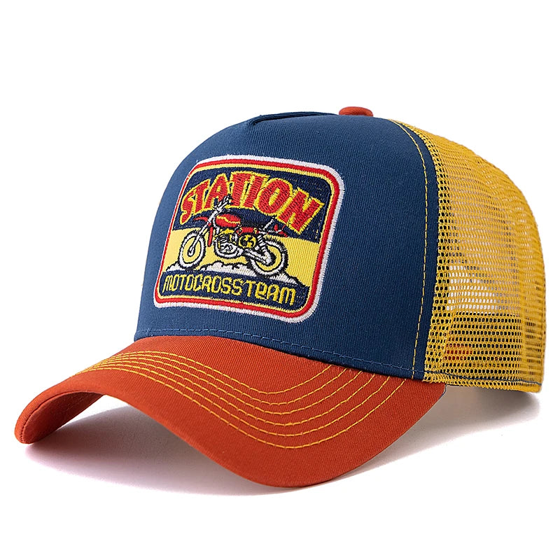 Casquette de camionneur unisexe en maille, motif moto classique, casquette de baseball d'été respirante, casquette streetwear pour hommes et femmes