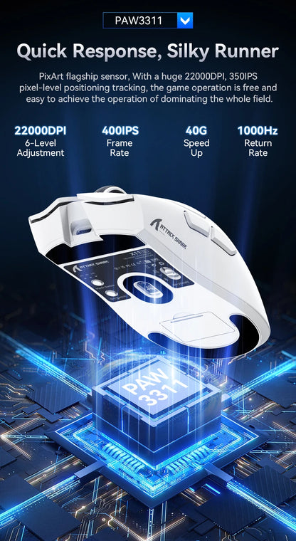 Mouse gaming wireless ATTACK SHARK X11SE, tri-mode, superleggero 63g con sensore PAW3311, 22000 DPI, batteria 300mAh, doppio driver