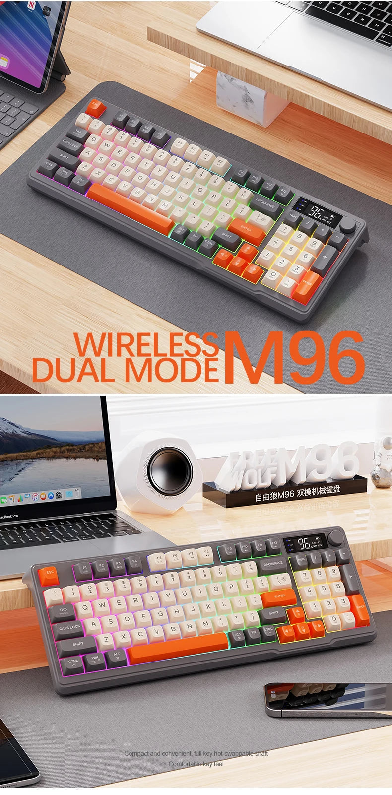 M96 Bluetooth-Tastatur Kabellose FREEWOLF Bildschirm-Gaming-Tastatur, elektronischer Bildschirm, Multi-Device-Verbindung, ergonomisches Gaming
