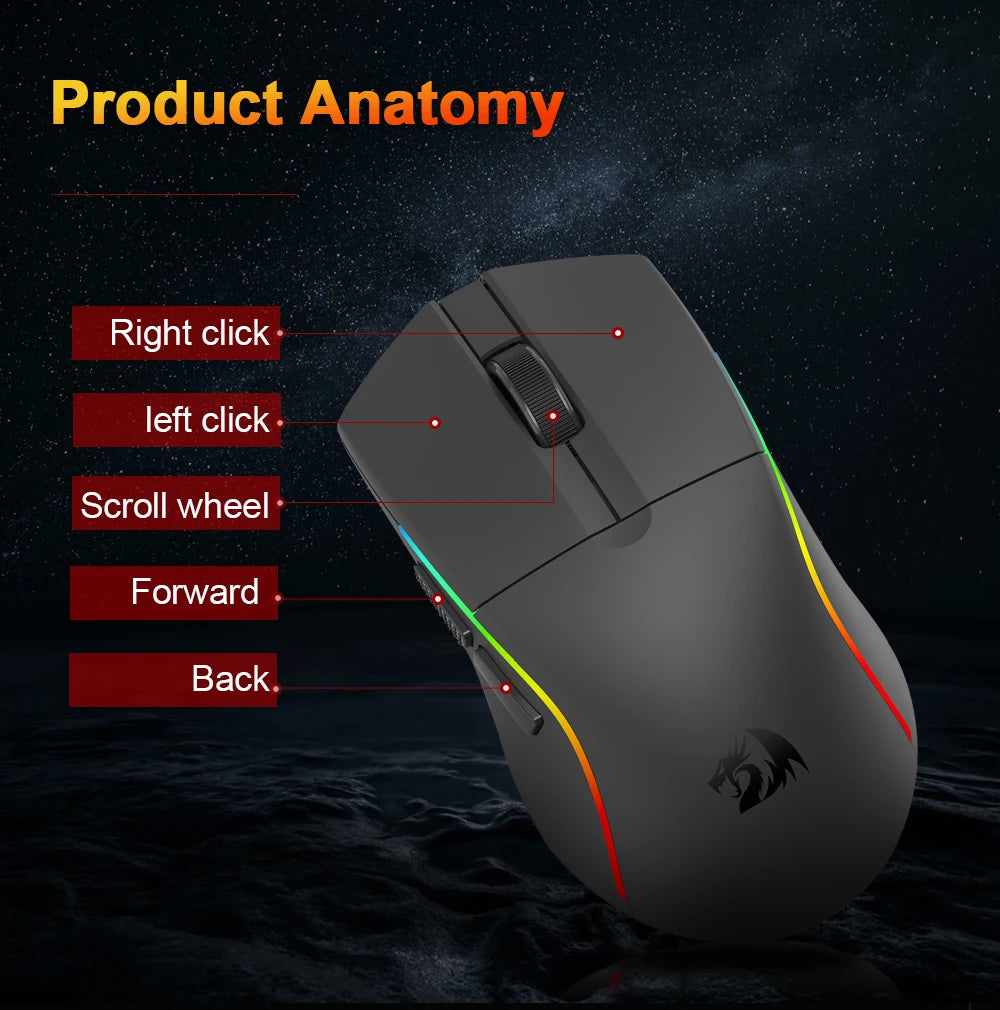 REDRAGON DEICIDE M816 PRO RGB USB gaming miš s podrškom za Bluetooth i 2.4G bežično povezivanje, 26000 DPI, 6 tipki, za gamere, žičani miš za računalo