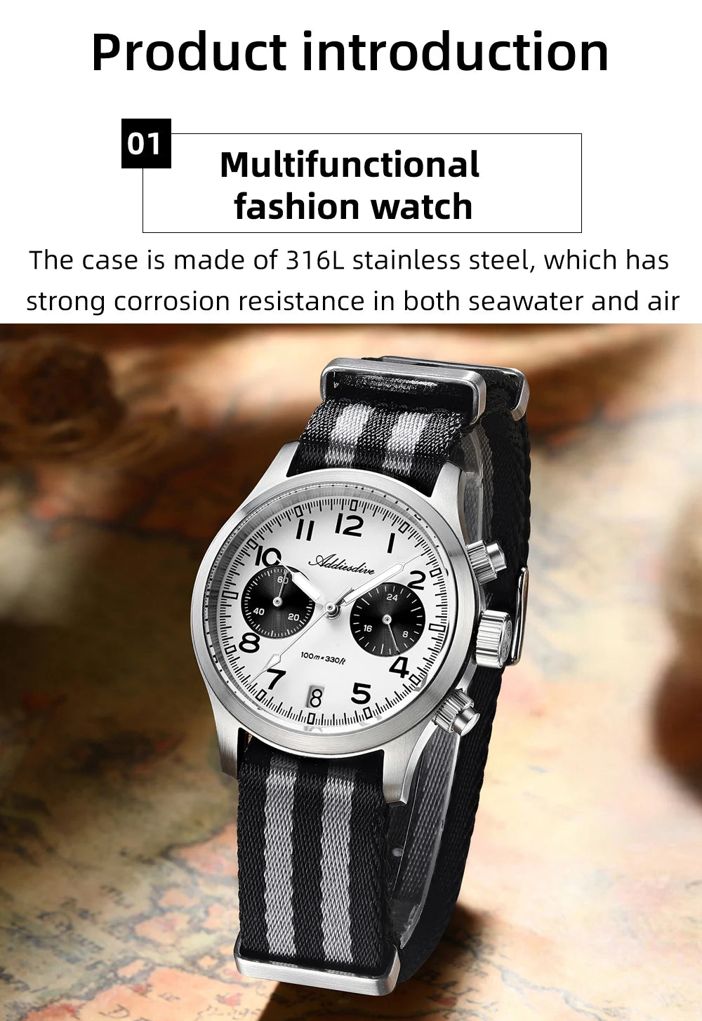 ADDIESDIVE 2025 New Panda Eye Men's Watches Retro Luxury VK64 Quartz Watch Sport Chronograph 100M Waterproof Luminous