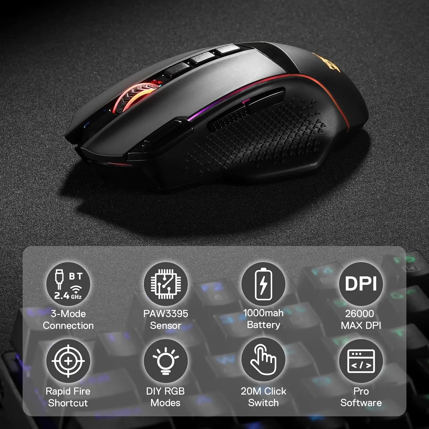 Ratón gaming inalámbrico Redragon M991, 26000 DPI, 3 modos, 9 botones macro, retroiluminación RGB, negro