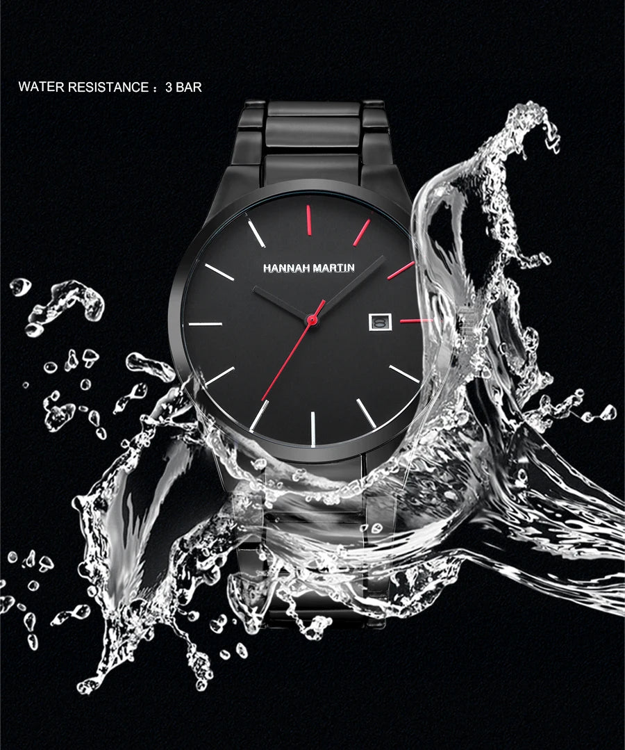 Montre pour homme Hannah Martin, boîtier en acier inoxydable, mouvement à quartz, cadran de 41 mm, style professionnel, avec affichage du calendrier (imitation)