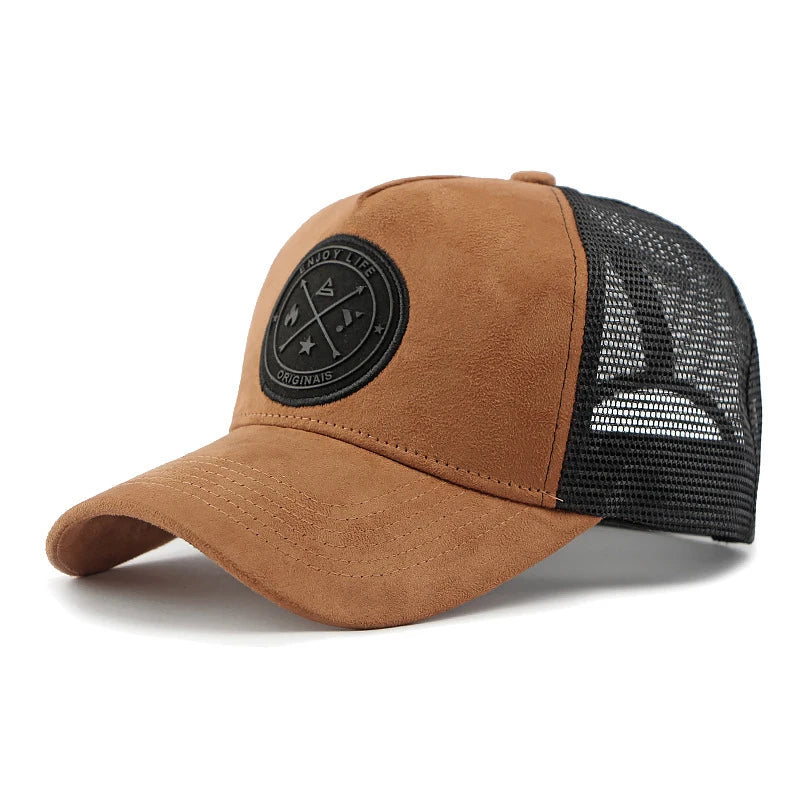 A retro-style suede work cap with a leather logo and breathable mesh design, suitable for both men and women to wear casually.