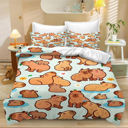 Juego de cama de carpincho de dibujos animados de 4 piezas, funda nórdica y funda de almohada, para adultos, niños y niñas, decoración de dormitorio infantil, tamaño individual y doble