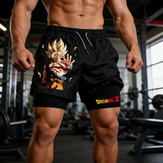 2026 Summer Dragon Ball Goku Super Saiyan Retro Gym Men's Double Layer 2-in-1 Shorts Oversized Print Fitness Workout Streetwear