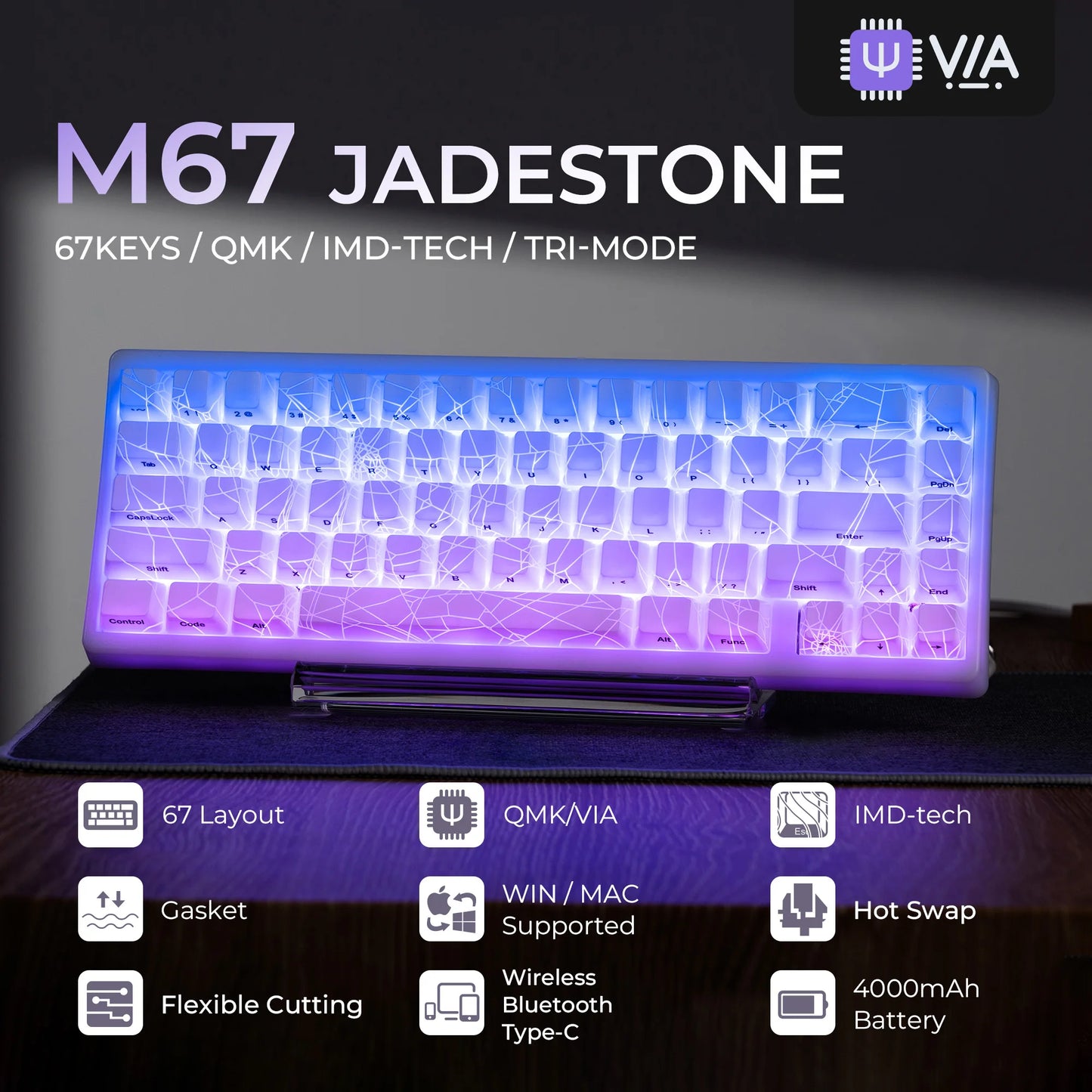 XVX Spider Web Keyboard M67 JadeStone mit IMD-Tech-Tastenkappen, Tri-Mode-Verbindung, individueller RGB-Hintergrundbeleuchtung, Tastatur 60%