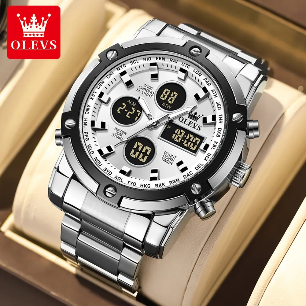 OLEVS Herrenuhr – Wasserdichte Quarz-Armbanduhr aus Edelstahl mit LED-Anzeige – Sportlicher und trendiger Stil (Modell 1106)