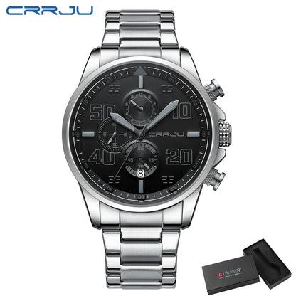 Montre pour homme CRRJU – Chronographe de luxe, grand cadran, acier inoxydable, étanche, avec affichage de la date