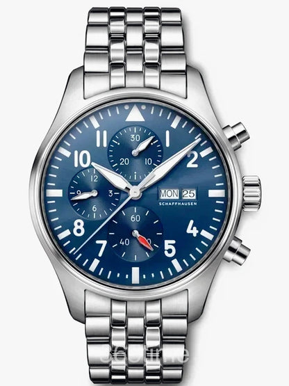 Premium 2026 Men's 43mm Pilot Le Petit Blue Automatic Mechanical Watch Luxury Brown Leather Stainless Steel Strap Business