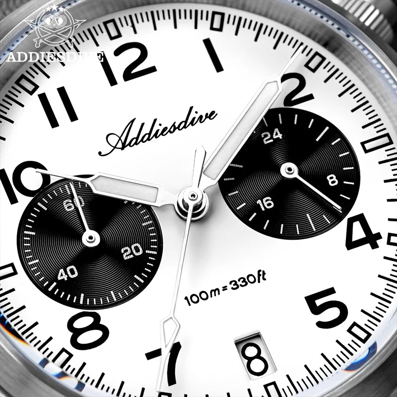 ADDIESDIVE 2025 neue Panda Eye Herrenuhr, Retro-Luxus, VK64 Quarzuhr für Herren, Sport-Chronograph, 100M wasserdicht, leuchtend