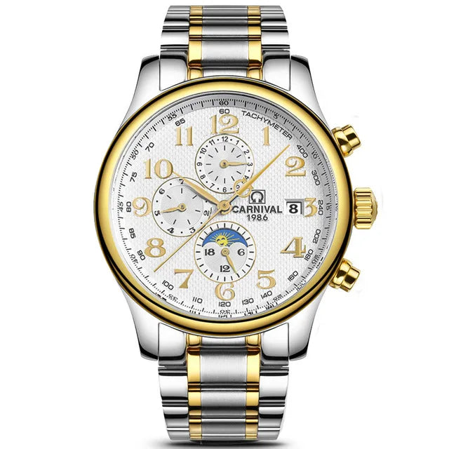Carnival Brand Automatic Watch, Fashion Luxury Waterproof Calendar with Moon Phase, Mechanical Watches for Men