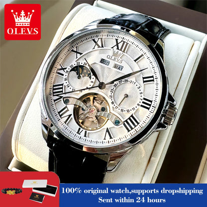 OLEVS 7013 Men’s Automatic Mechanical Watch Moon Phase, Roman Numeral Dial, Skeleton Flywheel, Luminous & 30M Waterproof