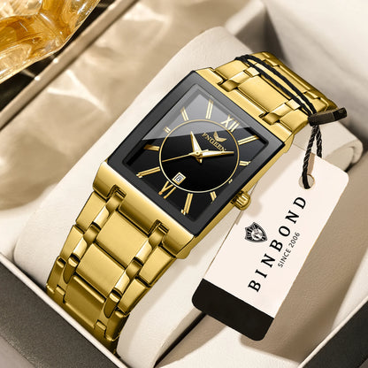 Luxuriöse BINBOND-Herrenarmbanduhr mit präzisem Quarzwerk, Leuchtzeiger, wasserdicht, automatische Datumsanzeige, aus strapazierfähigem Edelstahl, lässiger Stil.