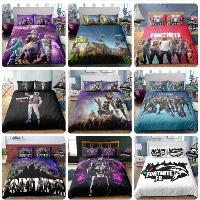Fortnite-Bettwäsche-Set, Bettbezug, 3-teilig, 3D-bedruckte Schlafzimmer-Bettwäsche, Game-Anime-Cartoon-Kissenbezug, Zimmerdekoration, Geschenk