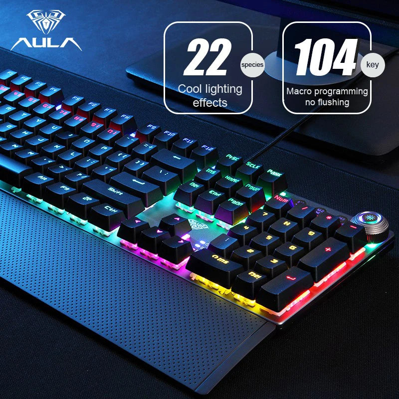 AULA F2088 mechanische kabelgebundene Gaming-Tastatur mit Multifunktions-Drehregler, 104 Tasten, magischer Hintergrundbeleuchtung und Makroprogrammierung für Computer
