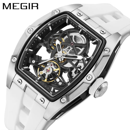 Relógio mecânico para homem MEGIR, formato de barril, mostrador esqueletizado com aberturas, estilo desportivo, bracelete em silicone, relógio automático de luxo