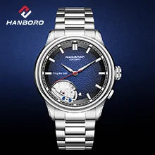HANBORO mechanisch herenhorloge – Automatisch uurwerk, wekker, uursignaal, waterdicht tot 100 m, saffierglas, stalen kast, elegante en unieke stijl.