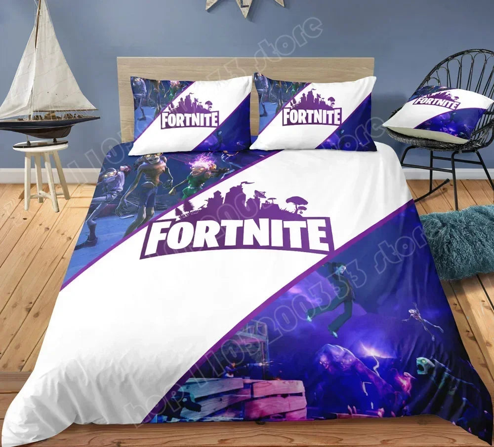 Fortnite-Bettwäsche-Set, Bettbezug, 3-teilig, 3D-bedruckte Schlafzimmer-Bettwäsche, Game-Anime-Cartoon-Kissenbezug, Zimmerdekoration, Geschenk