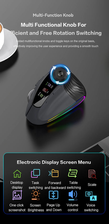 Backlit Wireless Ergonomic Mouse with Smart Flying Scroll,Function Adjustment Knob,Bluetooth&2.4G Rechargeable Gaming Mouse