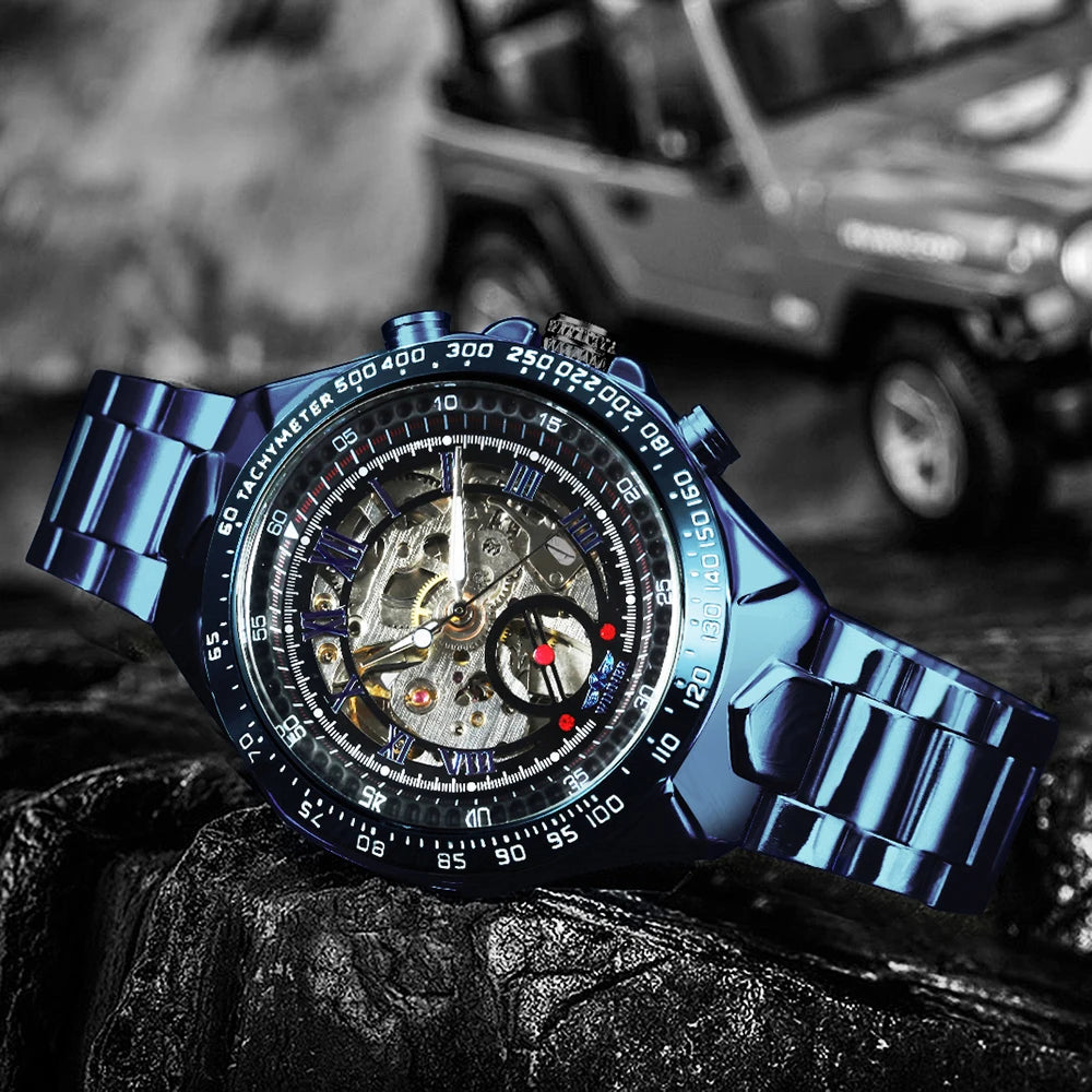 Montre automatique pour homme WINNER – Modèle squelette transparent, aiguilles luminescentes, bracelet en acier inoxydable, montre mécanique de marque de luxe