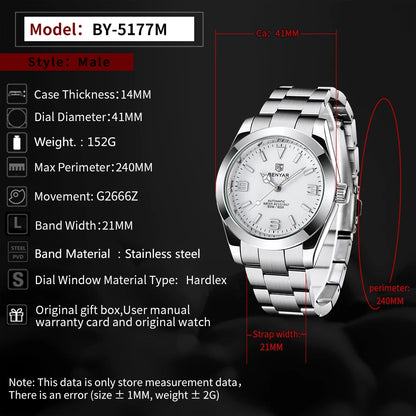 BENYAR 2025 Neue automatische mechanische Herrenuhr, Business-Sport-Luxus-Herrenuhr, 50M wasserdichte Uhr, Relogios Masculino