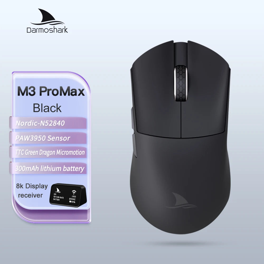 Rato Gaming Darmoshark M3Pro 2.4G BT sem fios Tri-Mode, sensor PAW3395, N52840, 26000DPI, rato com driver macro para mãos grandes e gaming