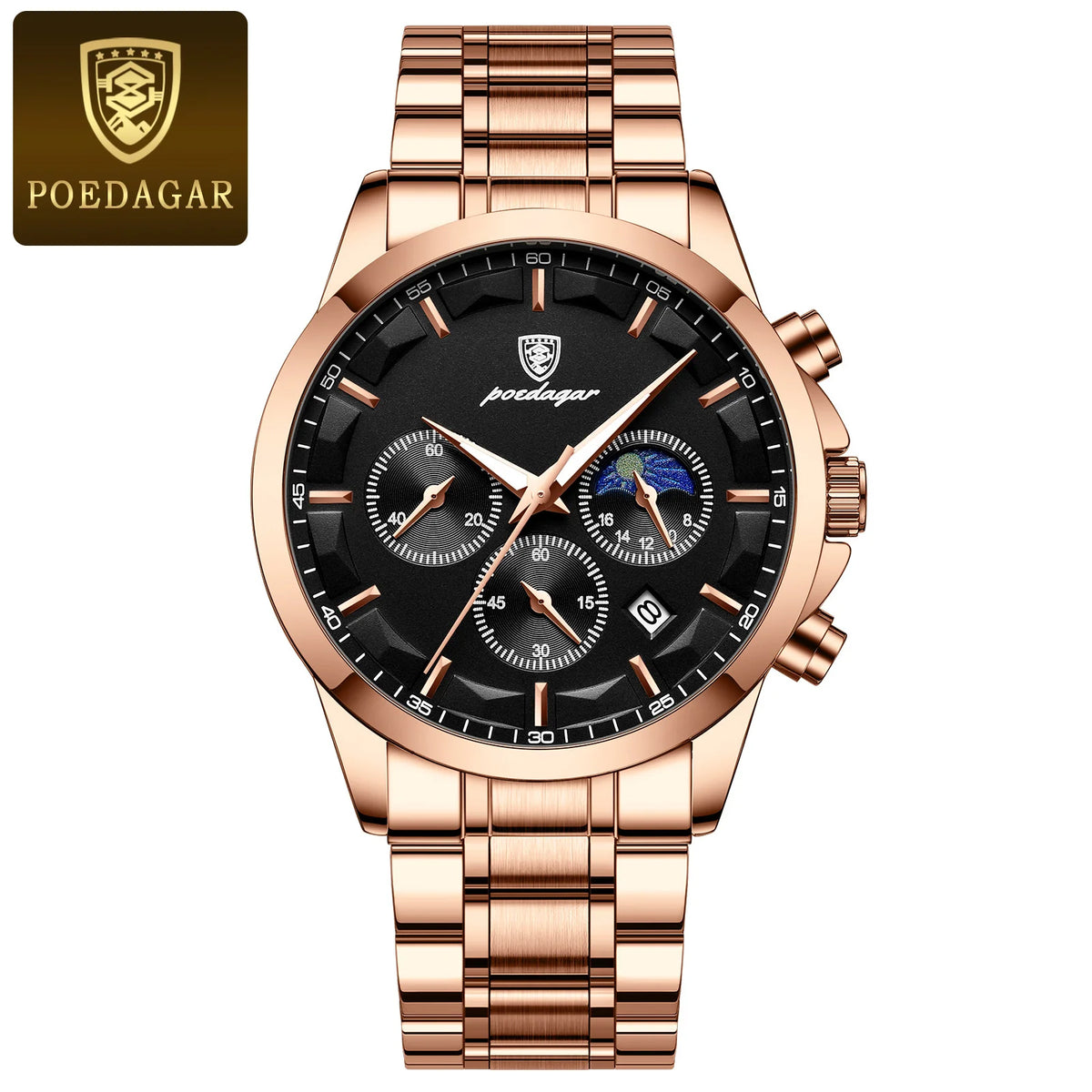 Orologio da polso di lusso da uomo POEDAGAR, stile militare, impermeabile, luminescente, cronografo, in acciaio inossidabile, al quarzo, con custodia.