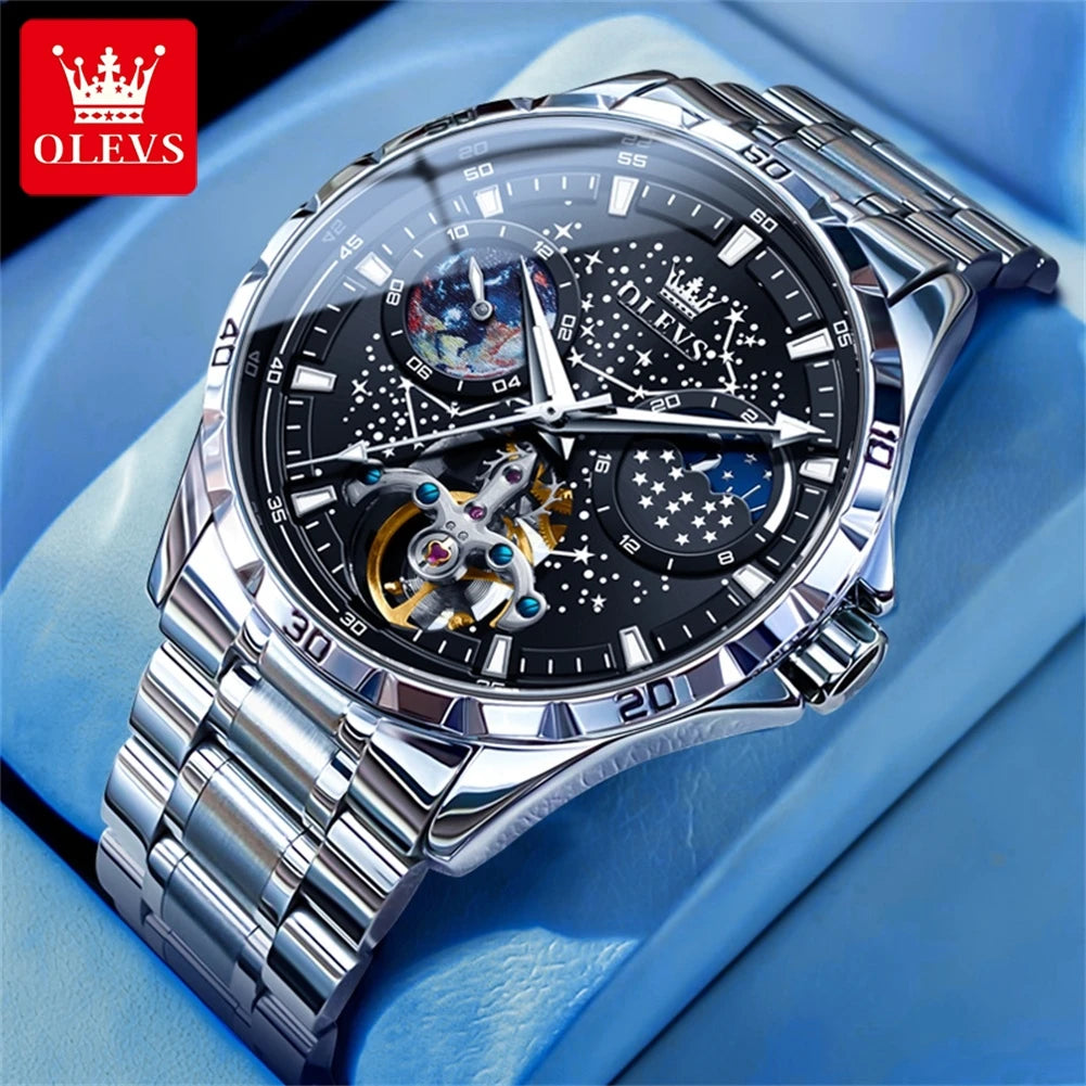 OLEVS Men’s Flywheel Skeleton Automatic Watch Starry Sky Dial, Luminous Mechanical Movement & Waterproof Business Wristwatch