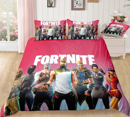Fortnite-Bettwäsche-Set, Bettbezug, 3-teilig, 3D-bedruckte Schlafzimmer-Bettwäsche, Game-Anime-Cartoon-Kissenbezug, Zimmerdekoration, Geschenk