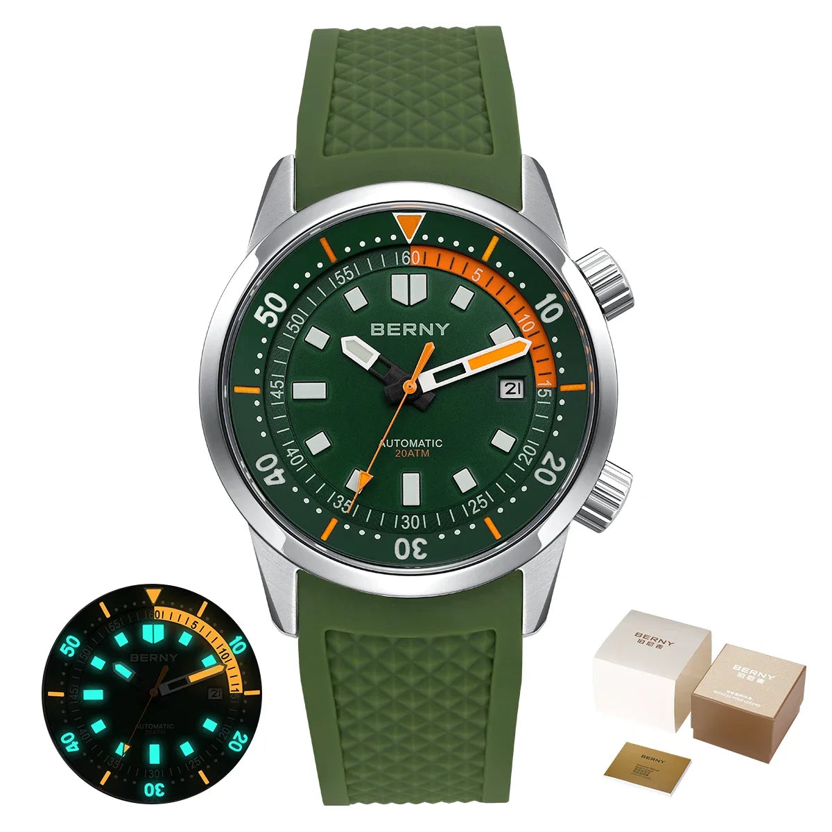 Relógio de mergulho BERNY para homem, automático mecânico, 200M impermeável, superluminoso, 42mm, safira, para natação e mergulho