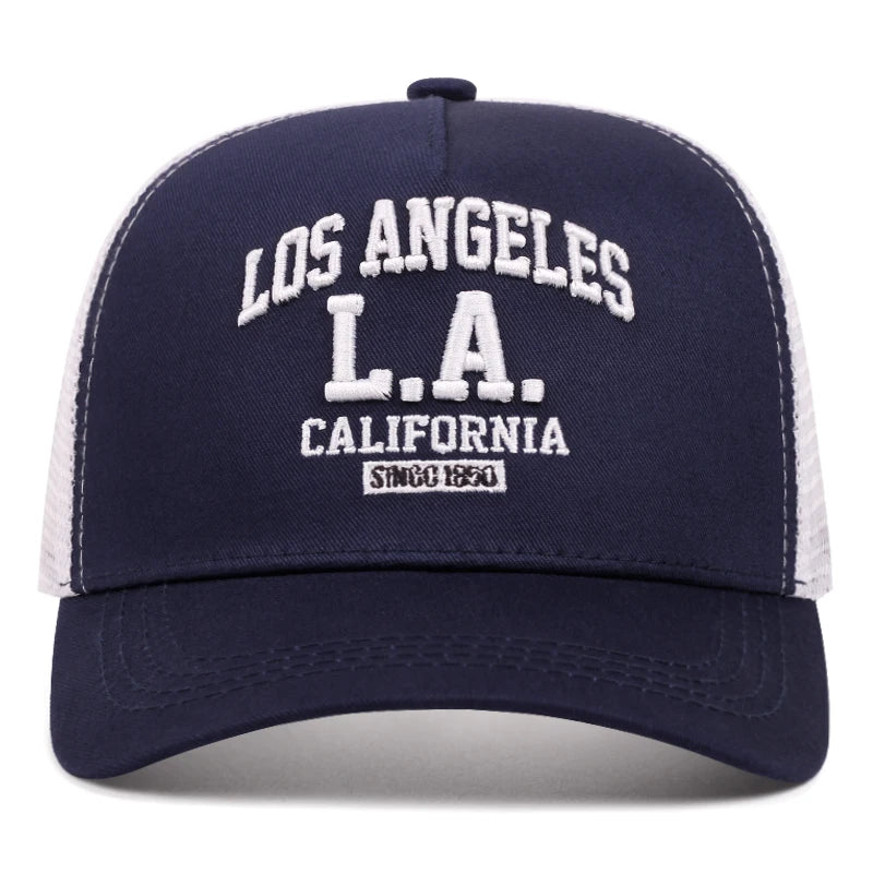 „LOS ANGELES“ išsiuvinėta vyriška ir moteriška lauko sporto renginių kepurė, amerikietiško stiliaus „trucker“ tinklinė kepurė, madinga