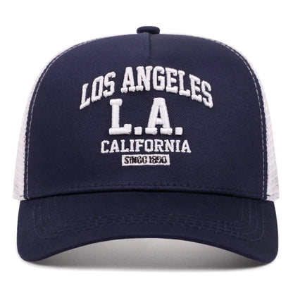 „LOS ANGELES“ išsiuvinėta vyriška ir moteriška lauko sporto renginių kepurė, amerikietiško stiliaus „trucker“ tinklinė kepurė, madinga