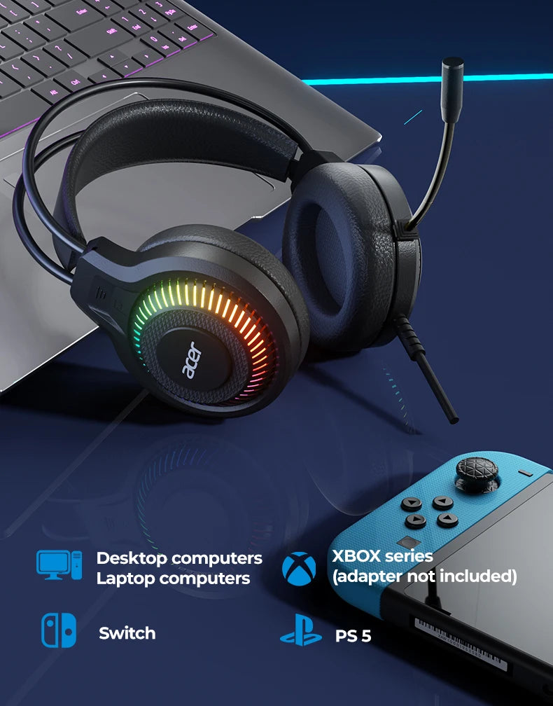 Auricolari gaming cablati RGB con microfono – Cuffie gaming con suono surround a bassa latenza, illuminazione RGB d’effetto, isolamento acustico e vestibilità confortevole