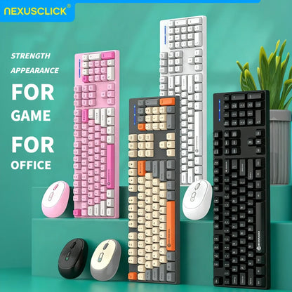 NexusClick kabelloses Gaming- und Office-Tastatur-Maus-Set, intelligente Energiesparfunktion, Full Size, 104 Tasten, 1600DPI einstellbar, USB für Laptop und PC