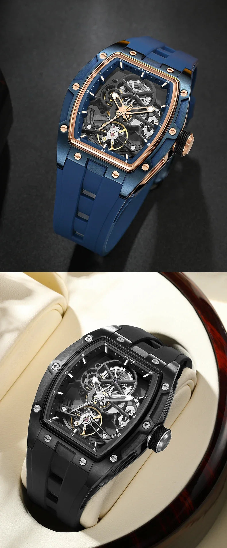 MEGIR MG-2242G Men’s Automatic Mechanical Watch  Skeleton Barrel Case, Luminous Hands & Silicone Strap