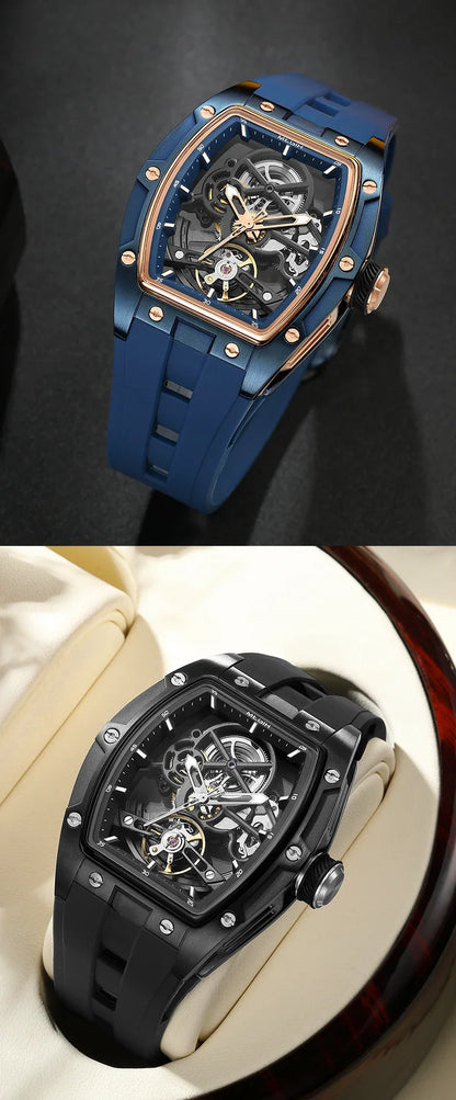 MEGIR MG-2242G Men’s Automatic Mechanical Watch  Skeleton Barrel Case, Luminous Hands & Silicone Strap