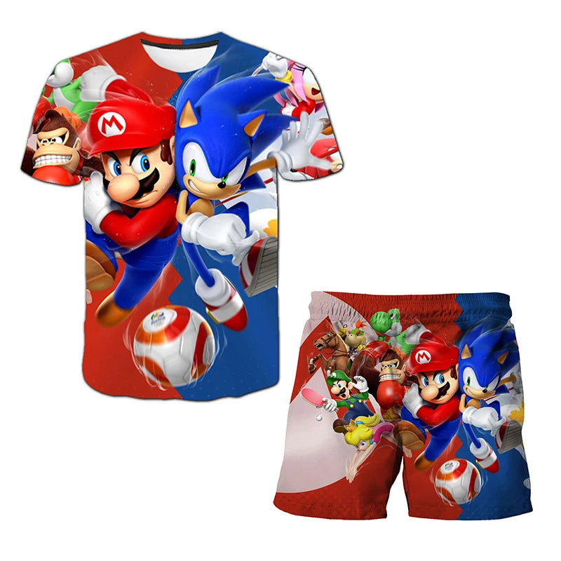 2026 Sonic The Hedgehog 3D T-shirt Set for Boys and Girls: Cute Summer Top + Shorts - Children's Short-Sleeve Birthday Gift