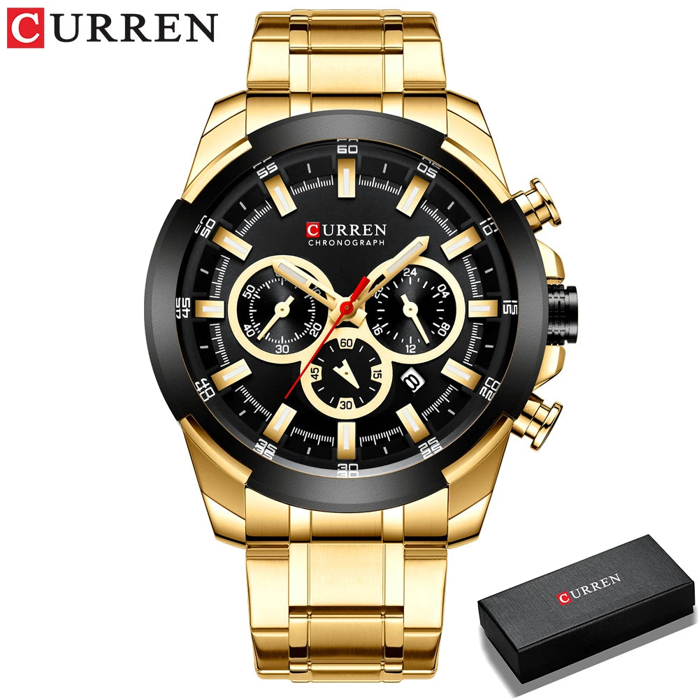 CURREN men’s chronograph watch, large 48 mm dial, stainless steel bracelet, three sub-dials, quartz sports wristwatch, luxurious style