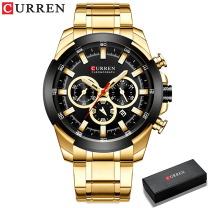 CURREN men’s chronograph watch, large 48 mm dial, stainless steel bracelet, three sub-dials, quartz sports wristwatch, luxurious style