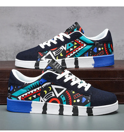 YRZL Men's Sports Running Shoes Canvas Geometric Style Lace-Up Sneakers Couples' Fashionable Graffiti Print Skate Shoes