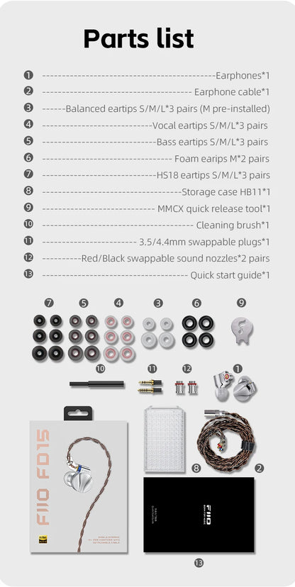 FiiO FD15 13.8mm DLC Dynamic Driver In-Ear Earphone Hi-Res Audio Magnalium Detachable MMCX Cable Wired HiFi Earbuds Shanling