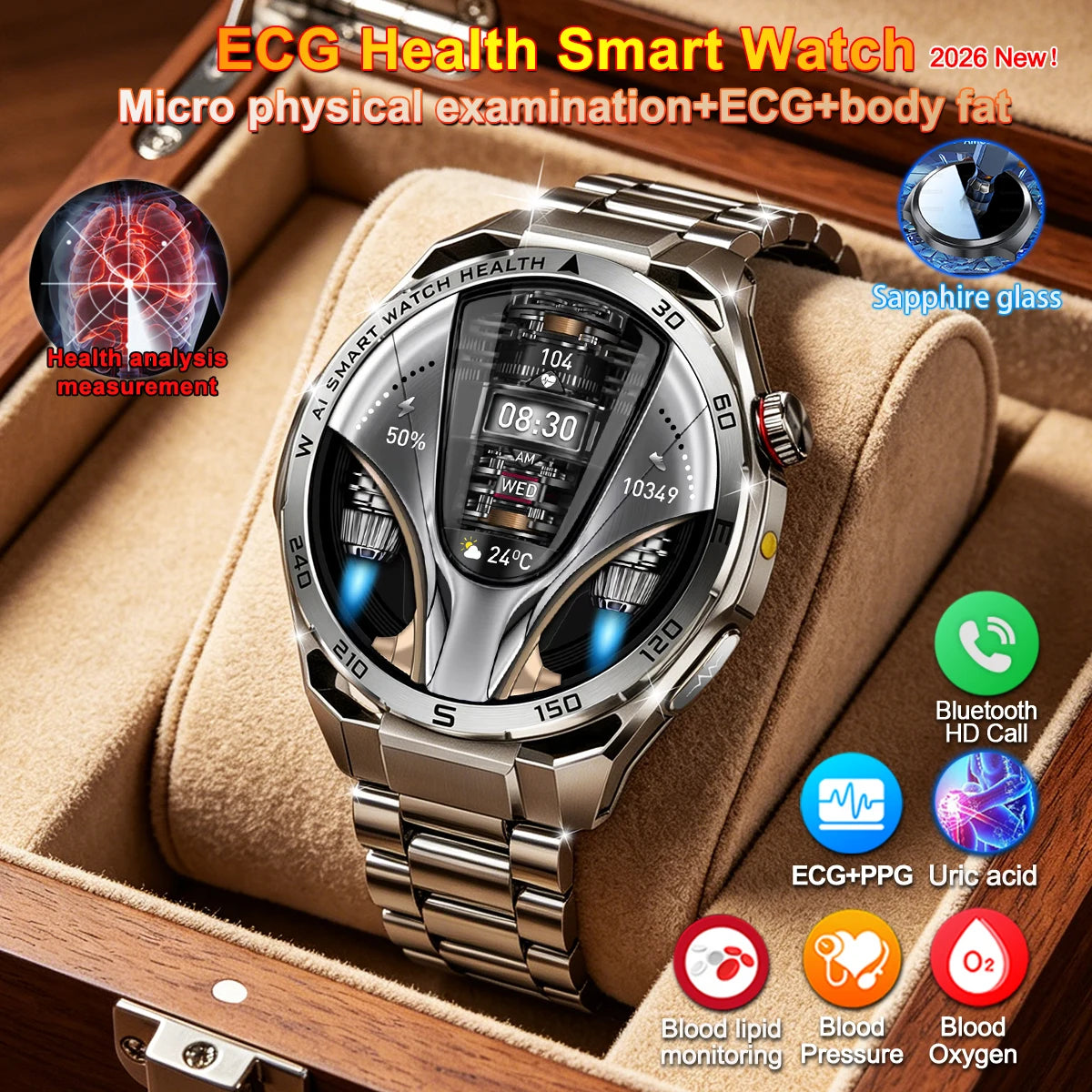 Smart Watch Men High-end Health Blood Pressure Blood Oxygen Lipids Uric Acid Sapphire Smart Watches Ai GPT Custom Dial ECG 2026