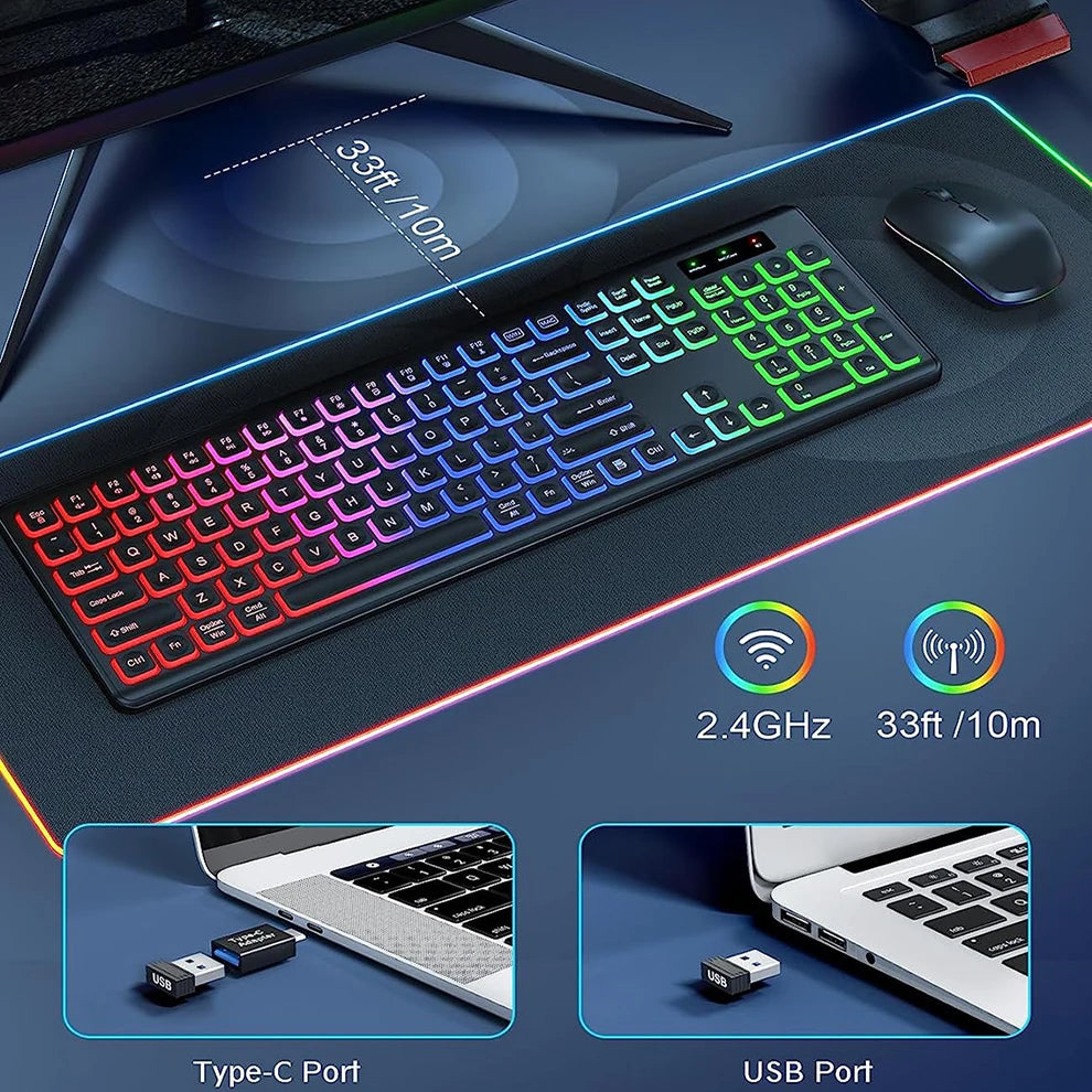 Kabellose Tastatur-Maus-Kombination mit RGB-Hintergrundbeleuchtung, wiederaufladbaren beleuchteten Tasten, Full-Size-Format, ergonomischem Design, Schlafmodus, 2.4GHz