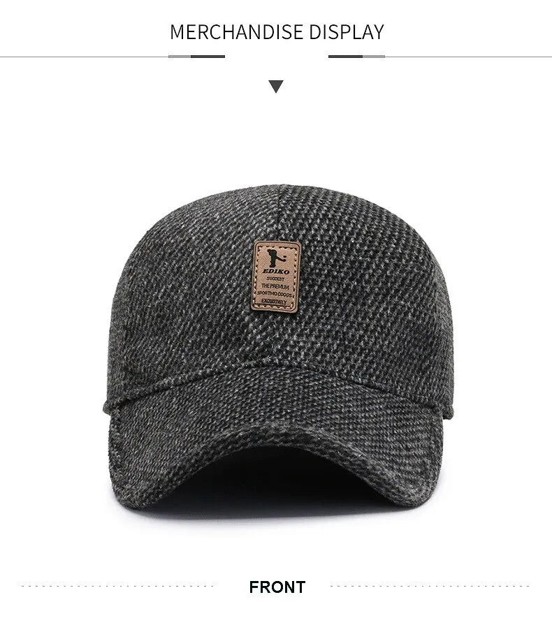 Baseball Cap Woolen Knitted Winter Ear Cover Baseball Cap Men Thicken Warm Hats with Earflaps Sport Golf Hats Snapback