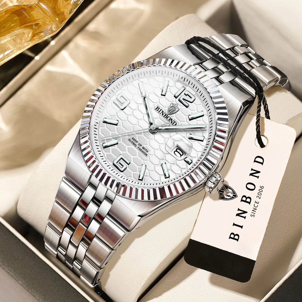 Montre-bracelet à quartz de luxe BINBOND, lumineuse, étanche, date automatique, pour homme, en acier, style business, sport, mode et décontracté.