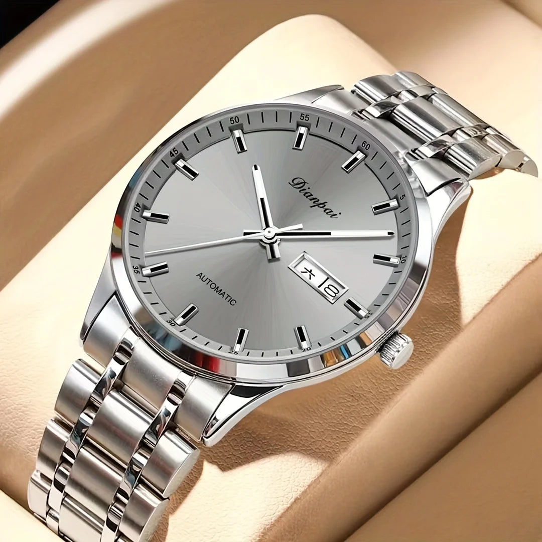 Dianpai automatisch mechanisch herenhorloge – Luxe model, lichtgevende wijzerplaat, klassiek en strak ontwerp, van roestvrij staal, waterdicht, met kalender en weersdagsaanduiding