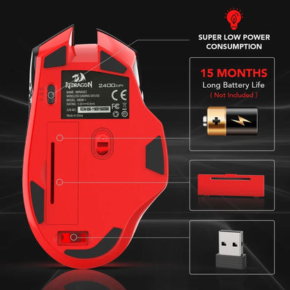 Rato Gaming Sem Fios Redragon M690-1 2.4Ghz com Mudança de DPI, 2 Botões Laterais, 2400 DPI, Design Ergonómico, 8 Botões - Preto