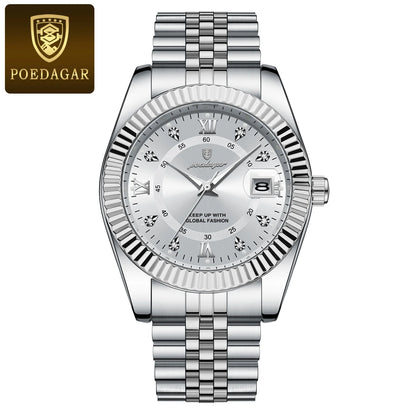 Orologio da uomo POEDAGAR – Modello di lusso, impermeabile, in acciaio inossidabile, con quadrante luminescente, stile militare, datario, movimento al quarzo, ideale per il lavoro o le occasioni professionali.